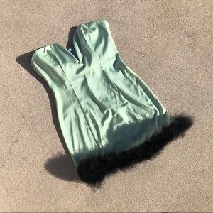 Nbd revolve green sage feather trim mini dress
